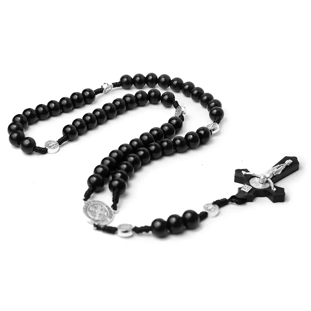 Catholic Wood Beaded Rosary Necklaces For Women Christian INRI Crucifix Cross Pendant Long Chain Men Religion Prayer Jewelry