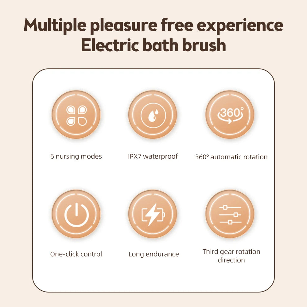 Electric shower brush, rechargeable, waterproof IPX7, 3-speed 6-in-1, wireless shower brush head, lazy scrubbing tool