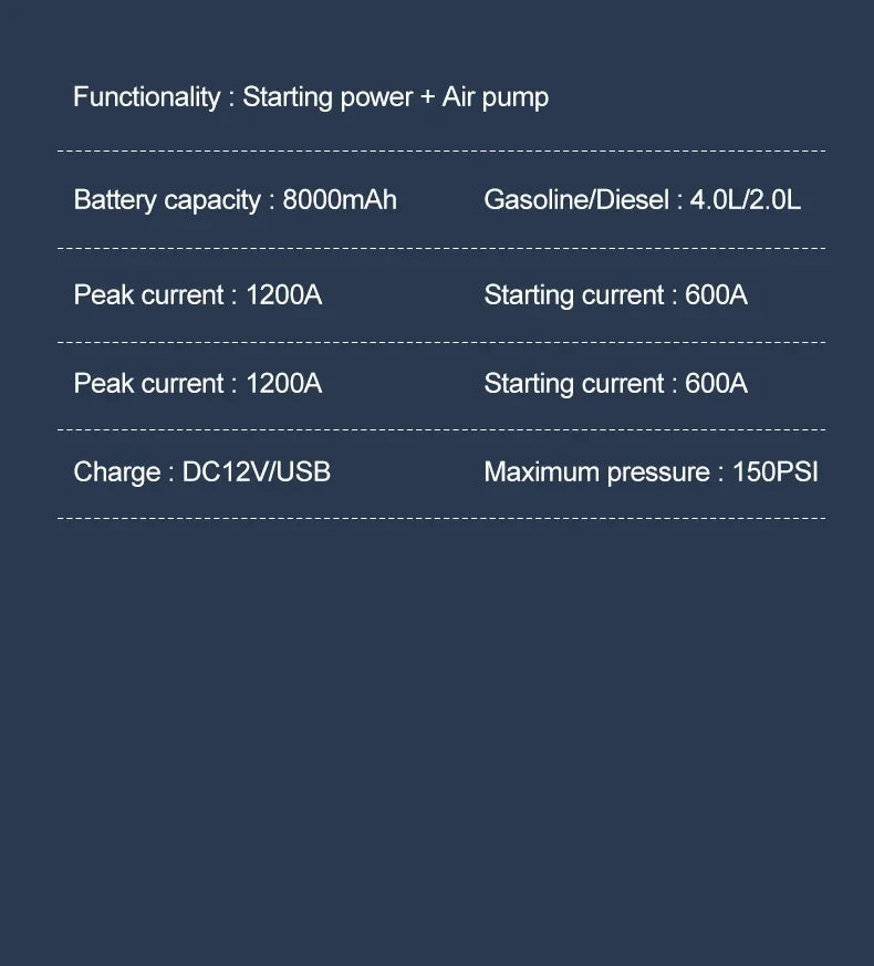 2 in 1 Car Jump Starter with Air Compressor Car Battery Emergency Boosters 1200A 12V Power Bank Portable Starting Device