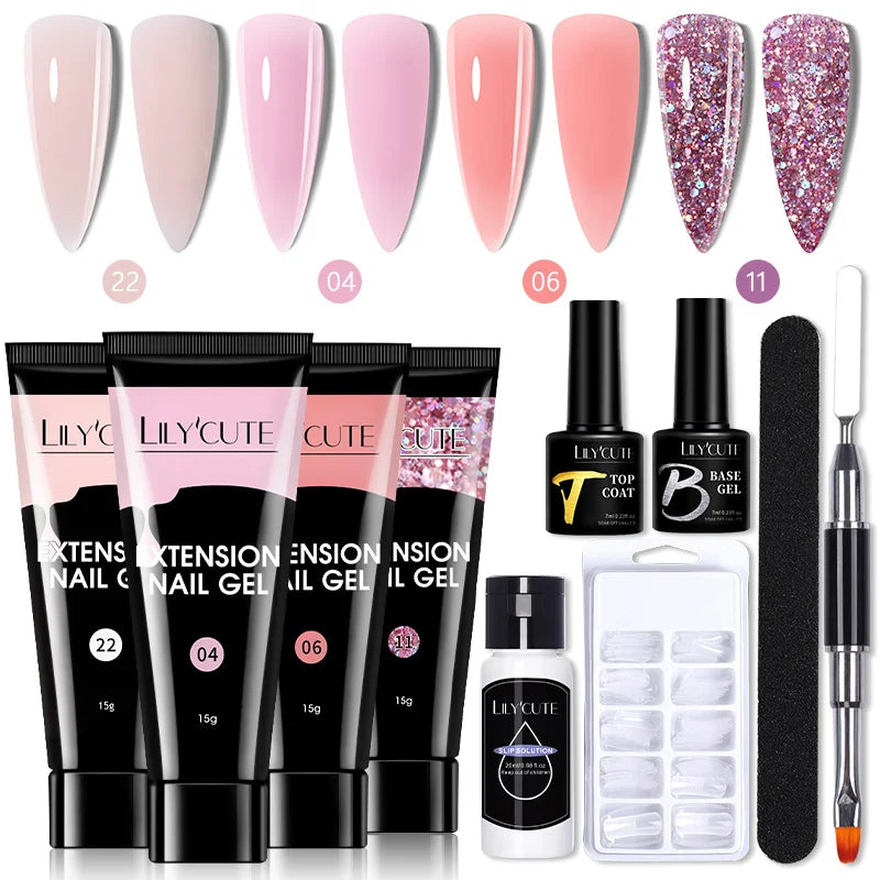 LILYCUTE 15ml Nail Extension Gel Kit Soak Off UV Gel Acrylic White Clear Pink Gel Nail Polish LED Lamp Manicure Set For Nail Art