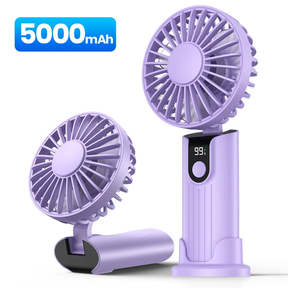 TOPK 5000mAh Mini Portable Fan USB Rechargeable Hand Held Fan,Small Pocket Fan 3 Speeds with Lanyard &Base,USB Desk Fan Foldable