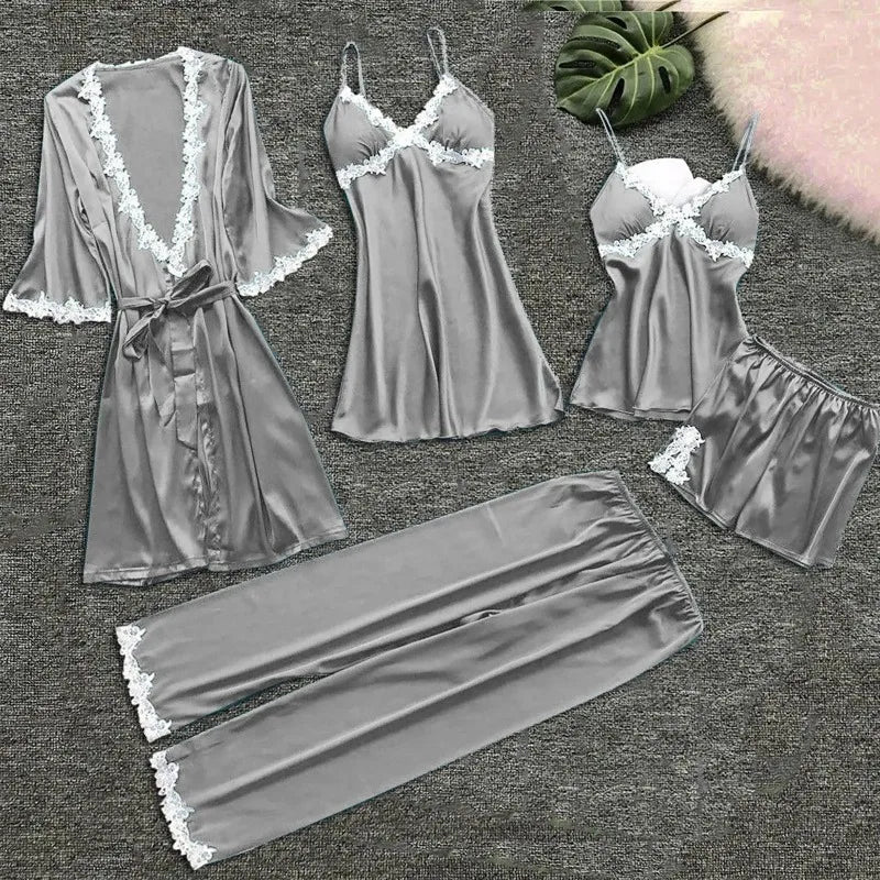 Ladies Underwear Women'S Sexy Nightgown Set 5-Piece Women Sexy Garter Lingerie Set Robes Lace Bodysuit Deep-V Neck Underwear