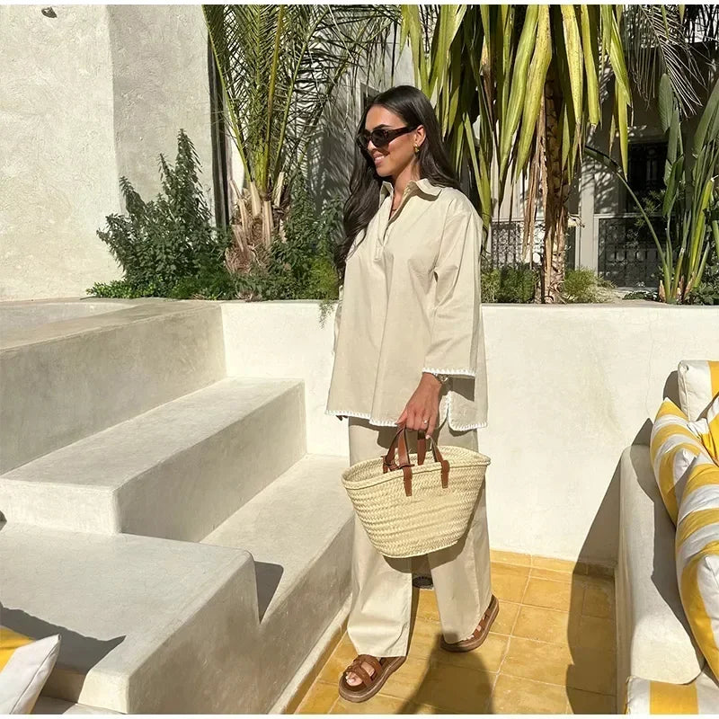 Women Vintage Solid Loose Pants Suit Lapel Single Breasted Long Sleeve Shirt Wide Leg Pants 2 Pcs Set 2025 New Ladies Streetwear