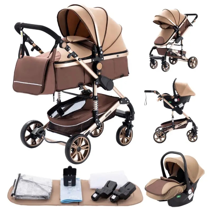 Luxurious 3 in 1 Baby Stroller Portable Travel Baby Carriage Folding Prams Aluminum Frame High Landscape Car for Newborn Baby BLACK