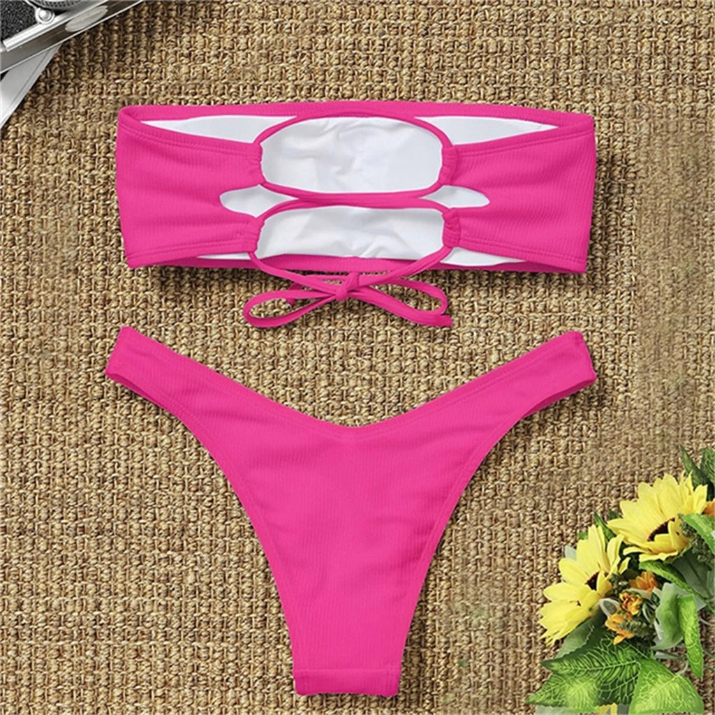 Sexy Textured Bikini 2024 Bandeau Swimsuit Women Swimwear Push Up Bikini Set Solid Bathing Suit Beach Wear Biquini Female