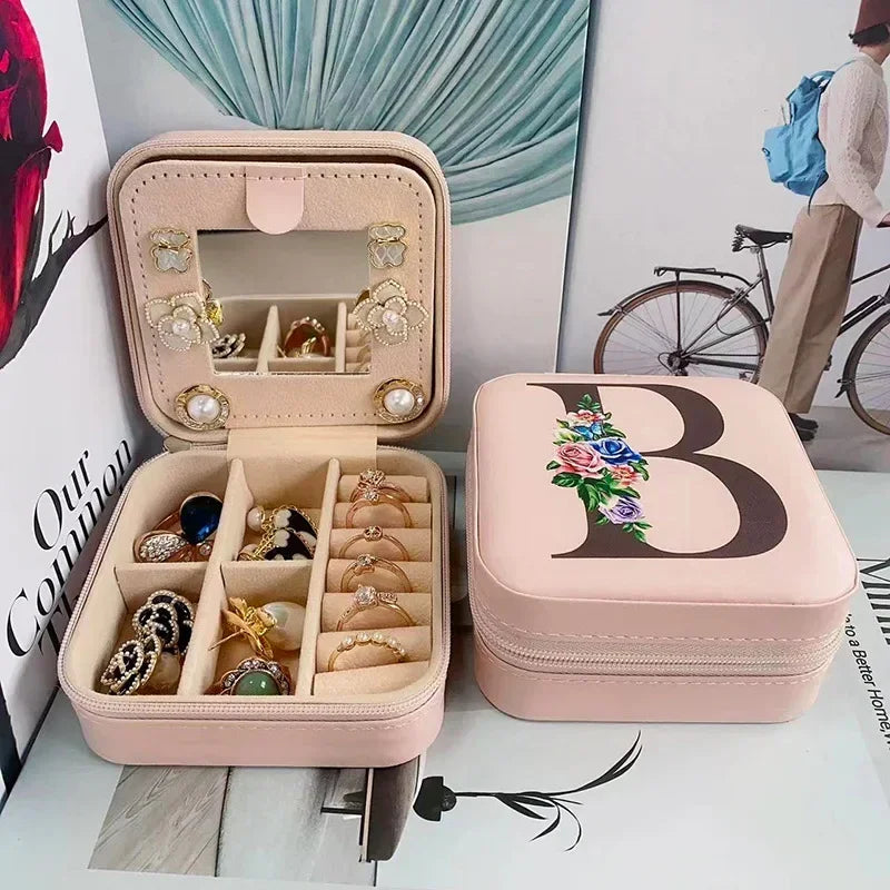 Flower&alphabet Jewelry Box Ring Boxes Travel Leather Jewellery Case Letter Print Bridesmaid Proposal Birthday Christmas Gift