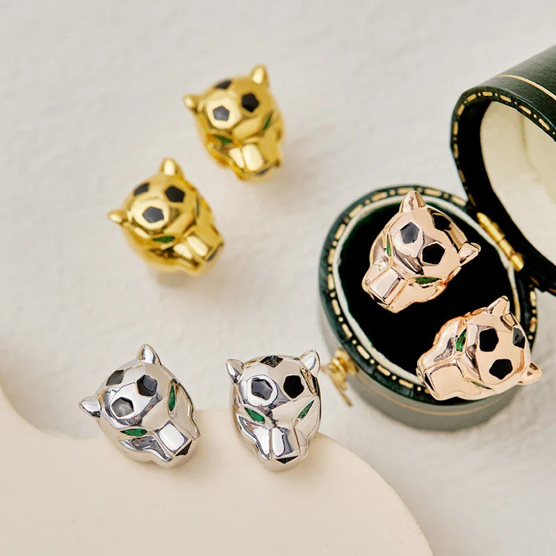 Designer Fashion Style Earrings Necklace Inlay Cubic Zircon Black Enamel Spots Leopard Panther Jewelry Sets