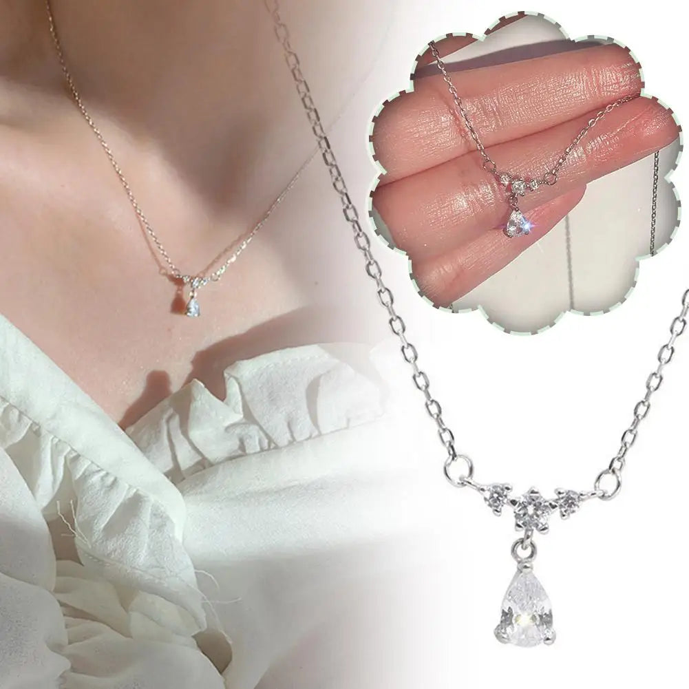 Trendy Water Drop Pendant Necklace Clavicle Chain Women Simple Tiny Rhinestone Jewelry Temperament Party Wedding Gift