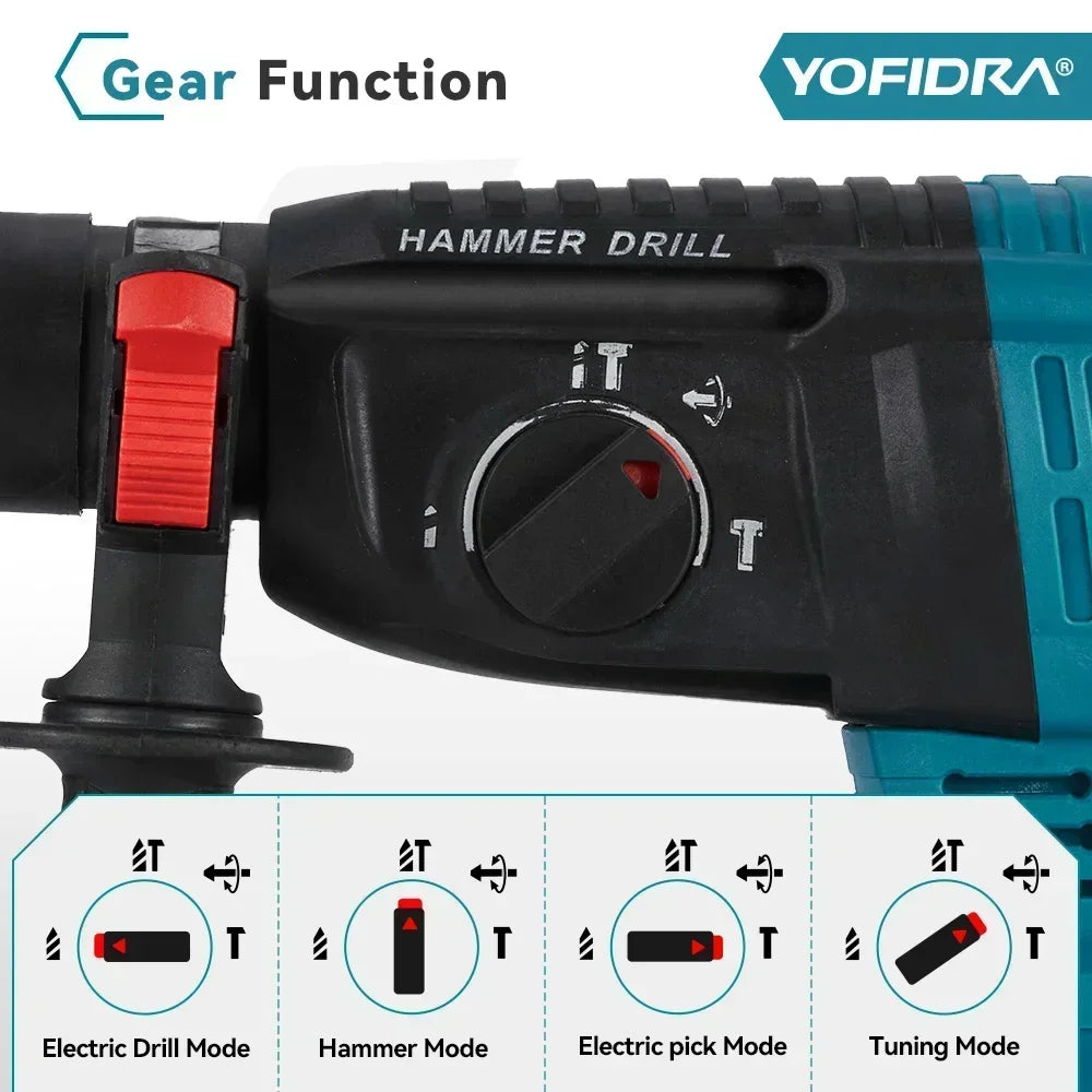 YOFIDRA 26MM Brushless Electric Hammer Drill Multifunctional Rotary Cordless Rechargeable Power Tools For Makita Battery Pin