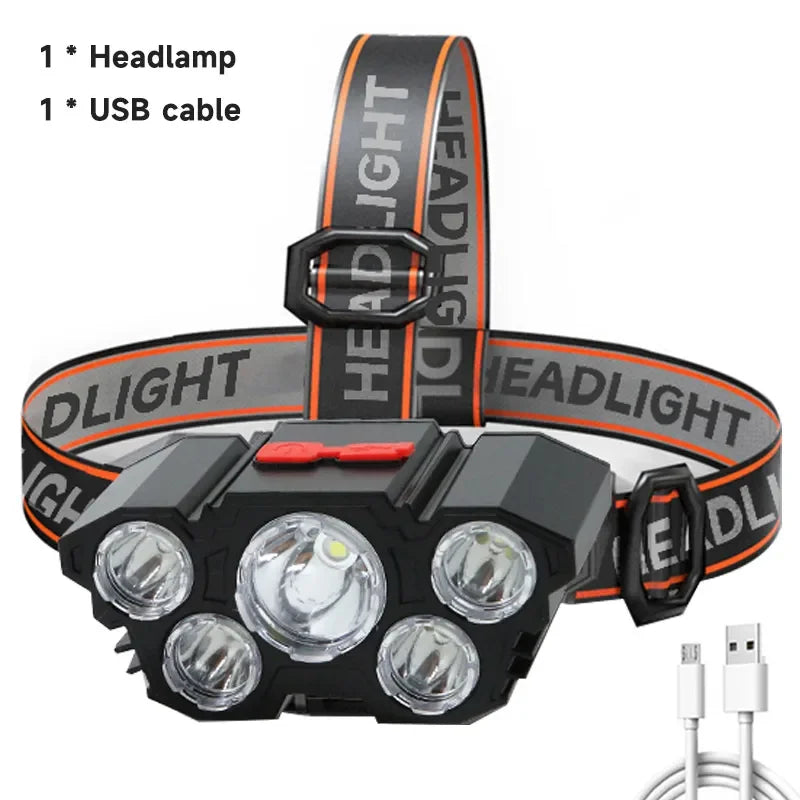 5 LED Headlamp Rechargeable with Built in Battery Strong Light Headlight Camping Adventure Fishing Head Light Flashlight
