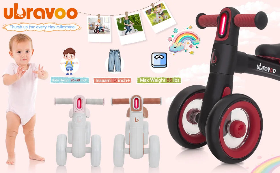 Ubravoo Baby Slide Balance Bike for 12-24 Months,3-Mode Headlight & 4 Transparent Silence Wheels, Riding on Toys Birthday Gifts