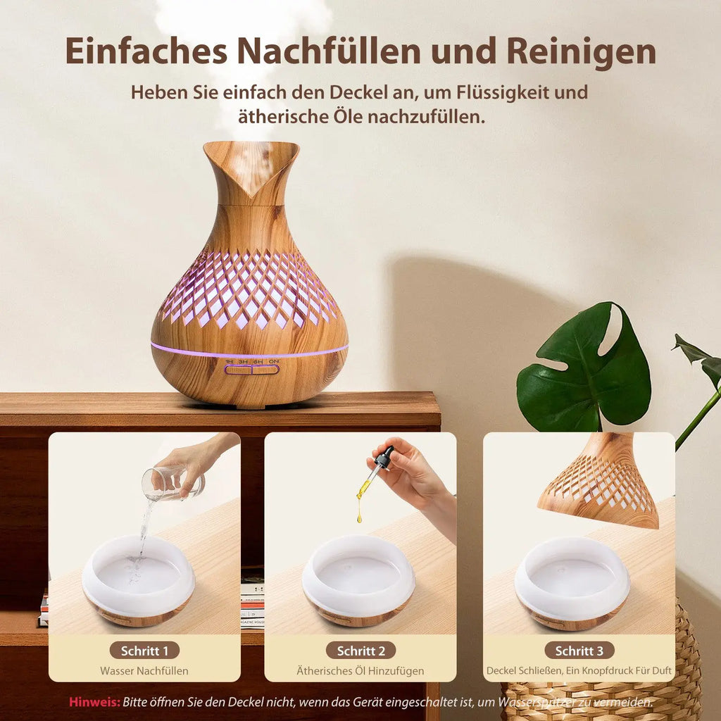 500ml Wood Grain Humidifier with Flowers, Quiet Aromatherapy Diffuser, USB Rechargeable Mini Humidifier with Colorful Night Ligh