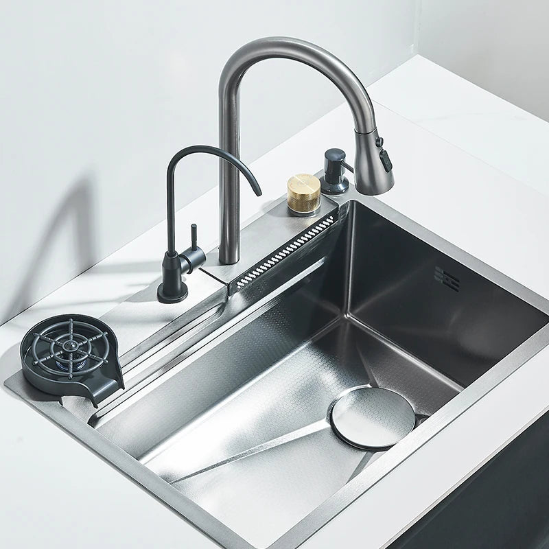 304Stainless Steel Waterfall Kitchen Sink Large Single Slot Integrated 60X45cm Faucet Set Soap Dispenser/Pure Water/Cup Washer