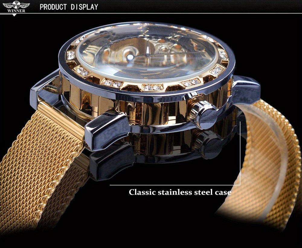 Vintage Skeleton Mechanical Watches Rhinestone Studded Stainless Steel Strap Luminous Watch, Ideal choice for Gifts