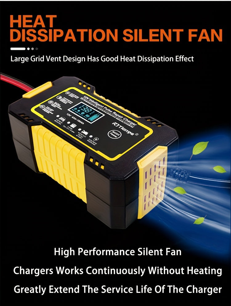 [Smart Battery Charger] RJTIANYE Smart Pulse 12V 6A Battery Charger | Temperature Compensated Trickle Charger with LCD Display, Overcharge Protection & Desulfator for 4-100Ah AGM/GEL/SLA, 110-230V AC Automotive Maintainer for