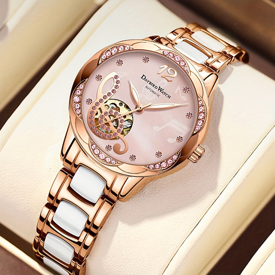 Stunning Rose Golden White Alloy Elegant Casual Style Hollowed Out Mechanical Watch for Women - Girls Watches with Timeless Design, Precise Movement, and Durable Construction - Perfect Accessory for Any Occasion