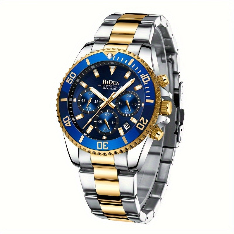 Mens Chronograph Stainless Steel Strap Waterproof Date Quartz Watch, Business Casual Wrist Watches