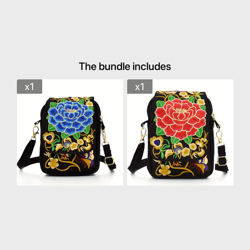 Women's Lightweight Embroidered Crossbody Bag with Detachable Strap - Floral Geometric Embroidery Design, Zipper Closure, Compact Mini Shoulder Bag for Everyday Essentials (Navy/Purple/Red/Black), Crossbody Bag, Polyester Lin