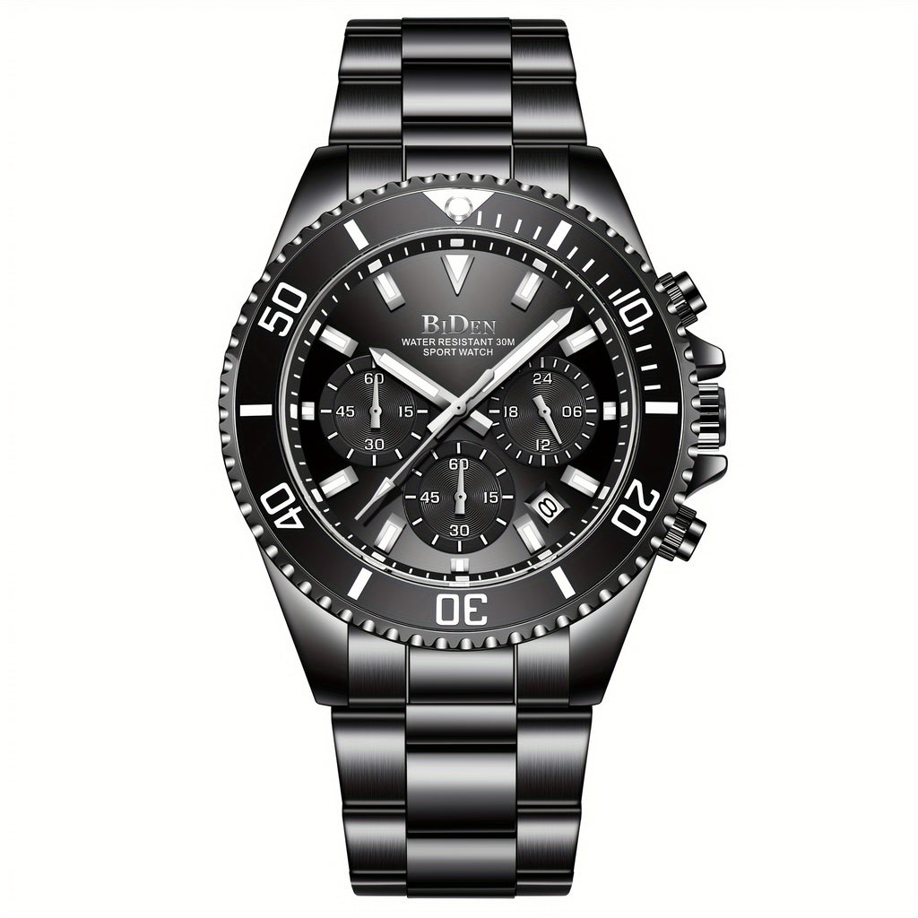 Mens Chronograph Stainless Steel Strap Waterproof Date Quartz Watch, Business Casual Wrist Watches