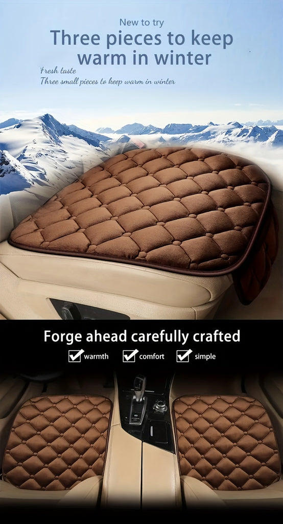 Diamond Pattern Plush Car Seat Cover Set - Universal Fit Warm Winter Automotive Seat Cushions, 3-Piece Vehicle Seat Pad Kit with Secure Buckle System for Car Interior Accessories
