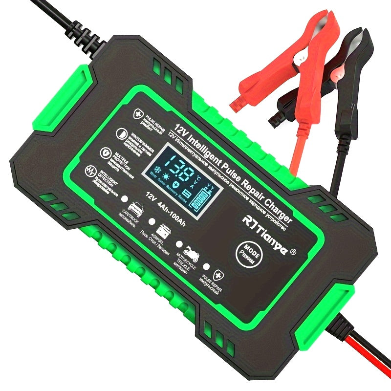 [Smart Battery Charger] RJTIANYE Smart Pulse 12V 6A Battery Charger | Temperature Compensated Trickle Charger with LCD Display, Overcharge Protection & Desulfator for 4-100Ah AGM/GEL/SLA, 110-230V AC Automotive Maintainer for
