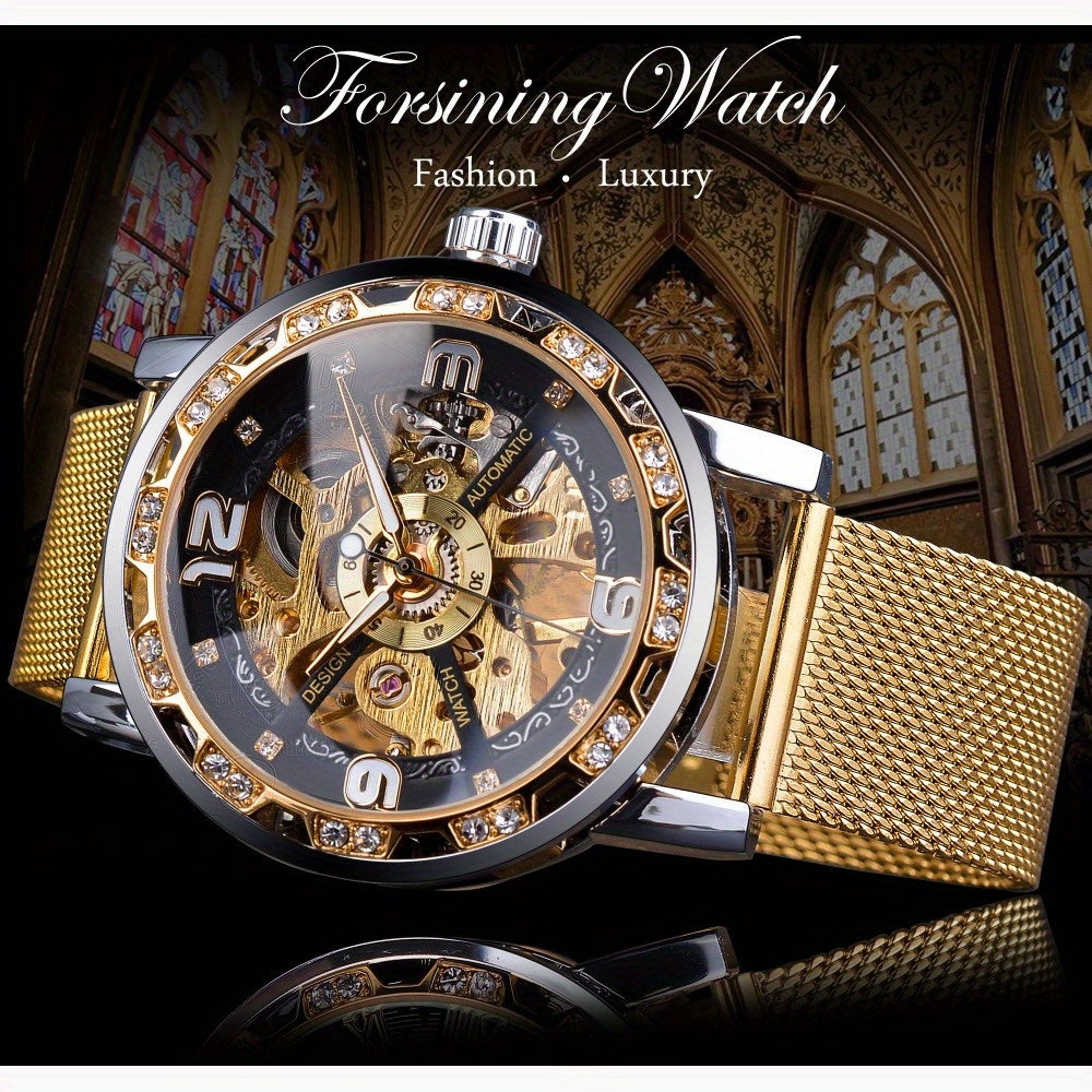 Vintage Skeleton Mechanical Watches Rhinestone Studded Stainless Steel Strap Luminous Watch, Ideal choice for Gifts