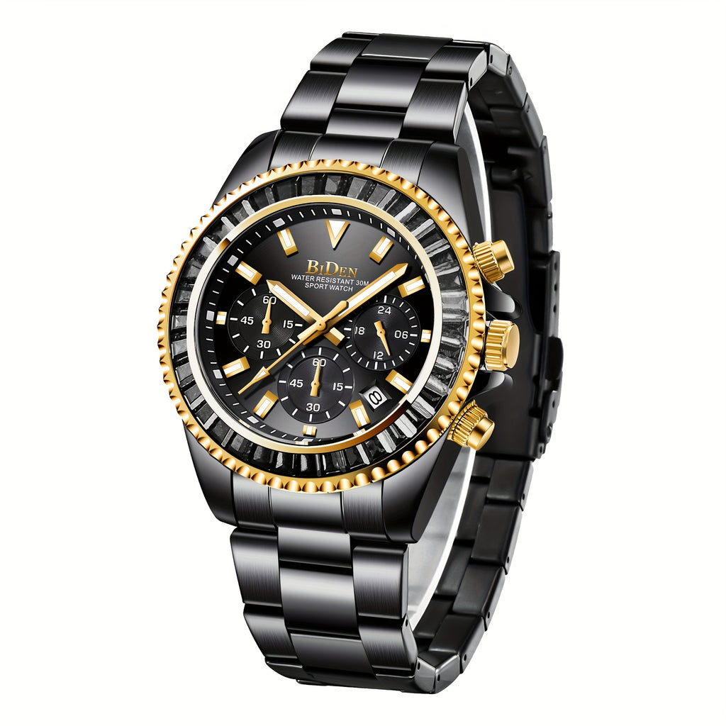 Mens Chronograph Stainless Steel Strap Waterproof Date Quartz Watch, Business Casual Wrist Watches