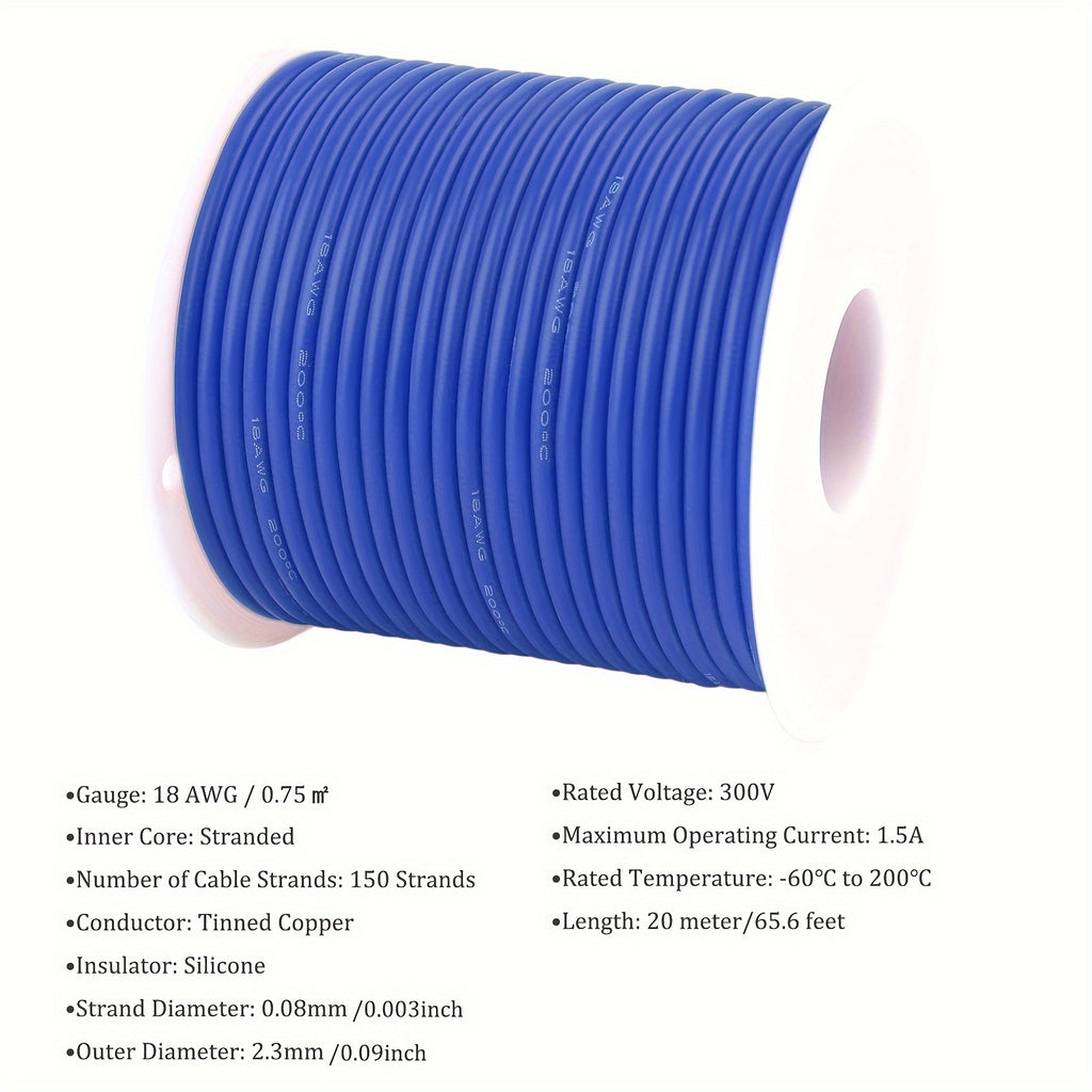 1 Set 65.6 Feet Ultra Flexible 18 AWG 18 Gauge Silicone Wire Spool with 150 Strands of Tinned Copper Wire, High Temp 200°C 300V Stranded Electrical Wire for Electric DIY, Automotive, Home, and Power Wiring Kits