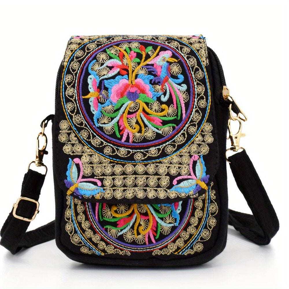 Women's Lightweight Embroidered Crossbody Bag with Detachable Strap - Floral Geometric Embroidery Design, Zipper Closure, Compact Mini Shoulder Bag for Everyday Essentials (Navy/Purple/Red/Black), Crossbody Bag, Polyester Lin