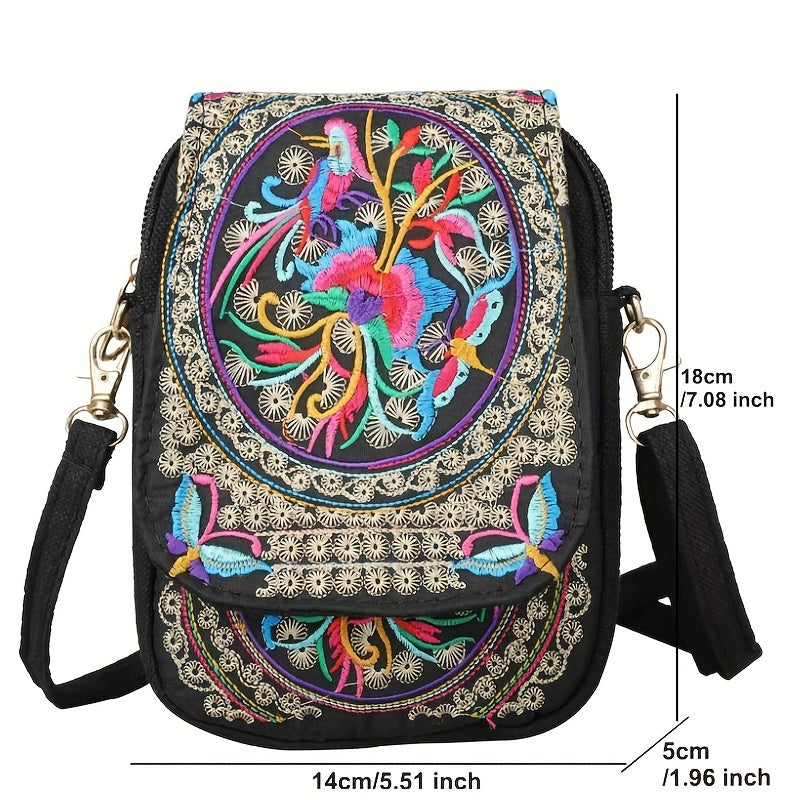 Women's Lightweight Embroidered Crossbody Bag with Detachable Strap - Floral Geometric Embroidery Design, Zipper Closure, Compact Mini Shoulder Bag for Everyday Essentials (Navy/Purple/Red/Black), Crossbody Bag, Polyester Lin