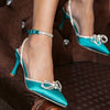 Women's Rhinestone Bow Ankle Straps High Heels, Solid Color Slingback Pointed Toe Pumps, Wedding Dress Heels for Music Festival