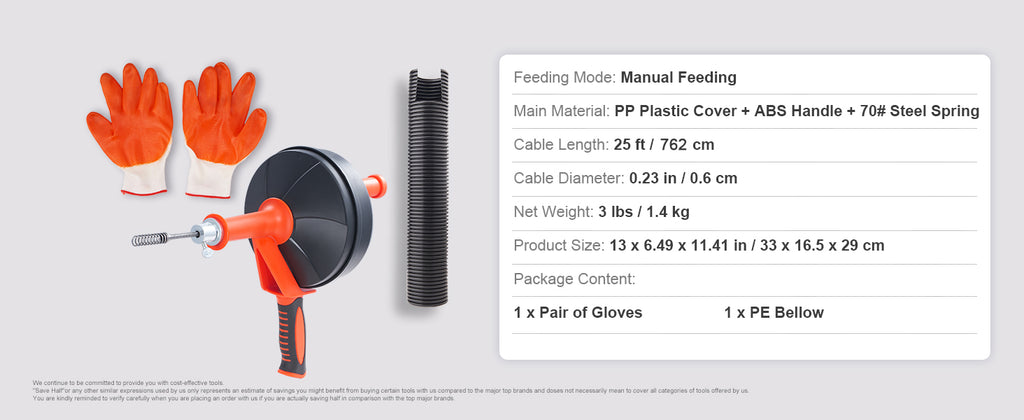 SucceBuy Drain Auger 25Ft Manual-feeding Plumbing Snake w/ Drill Attachment Drain Clog Remover Toilet Sewer Pipe Dredge for Home