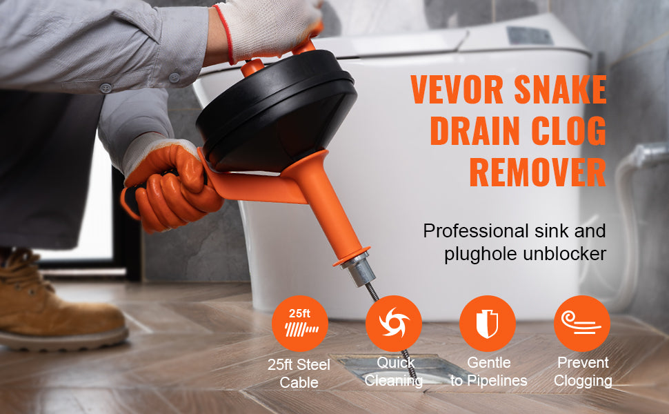 SucceBuy Drain Auger 25Ft Manual-feeding Plumbing Snake w/ Drill Attachment Drain Clog Remover Toilet Sewer Pipe Dredge for Home