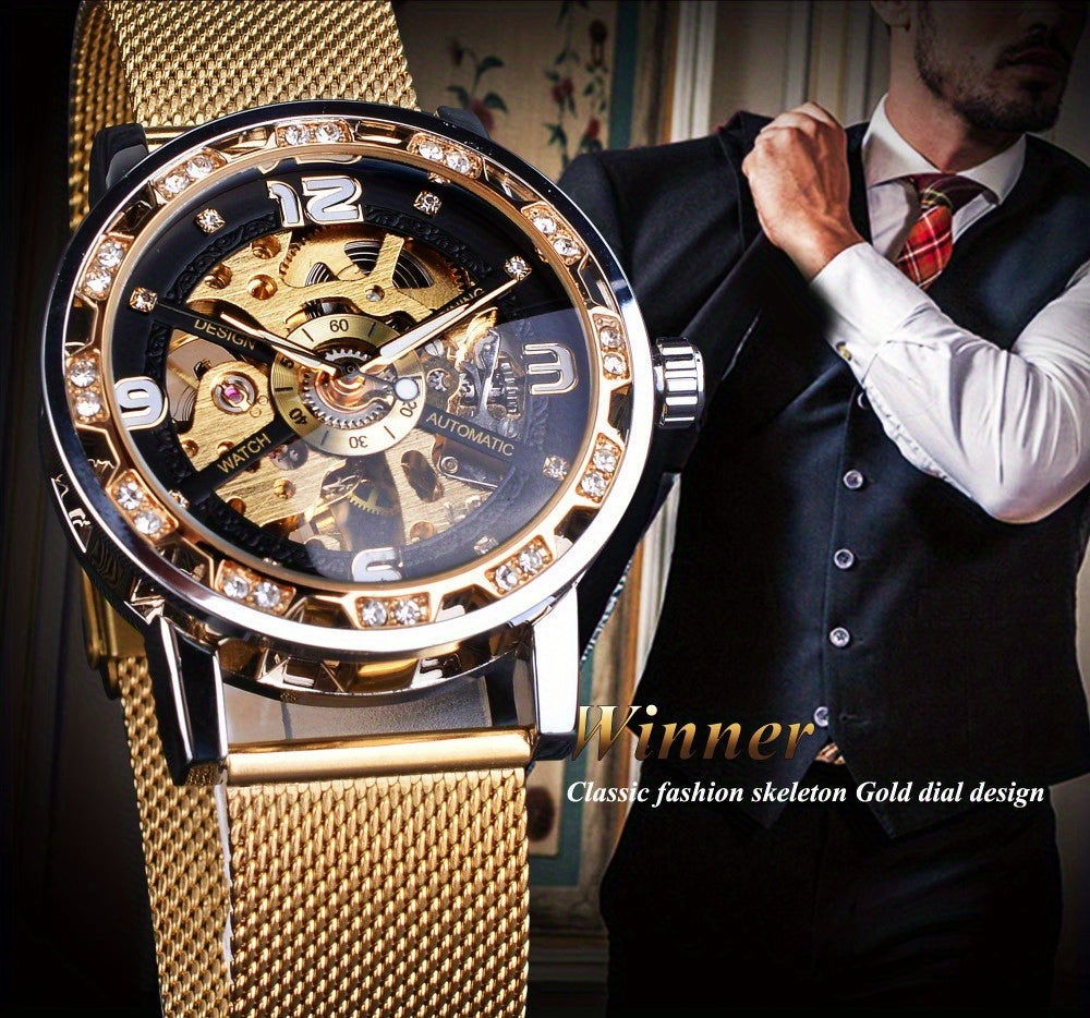 Vintage Skeleton Mechanical Watches Rhinestone Studded Stainless Steel Strap Luminous Watch, Ideal choice for Gifts