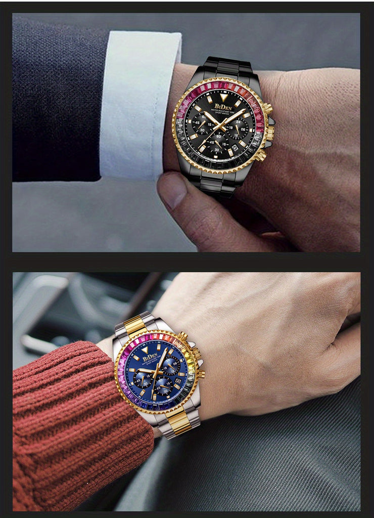 Mens Chronograph Stainless Steel Strap Waterproof Date Quartz Watch, Business Casual Wrist Watches