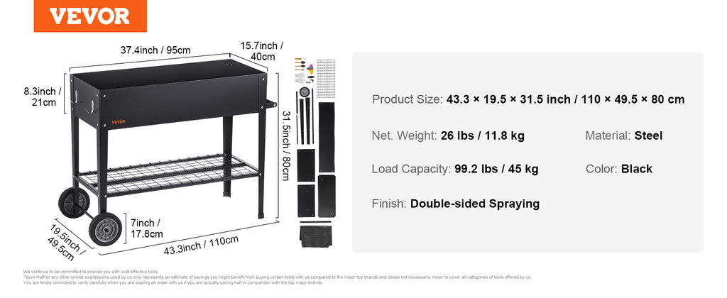 VEVOR Raised Garden Bed, 42.5 x 19.5 x 31.5 inch Galvanized Metal Planter Box, Elevated Outdoor Planting Boxes with Legs, Black