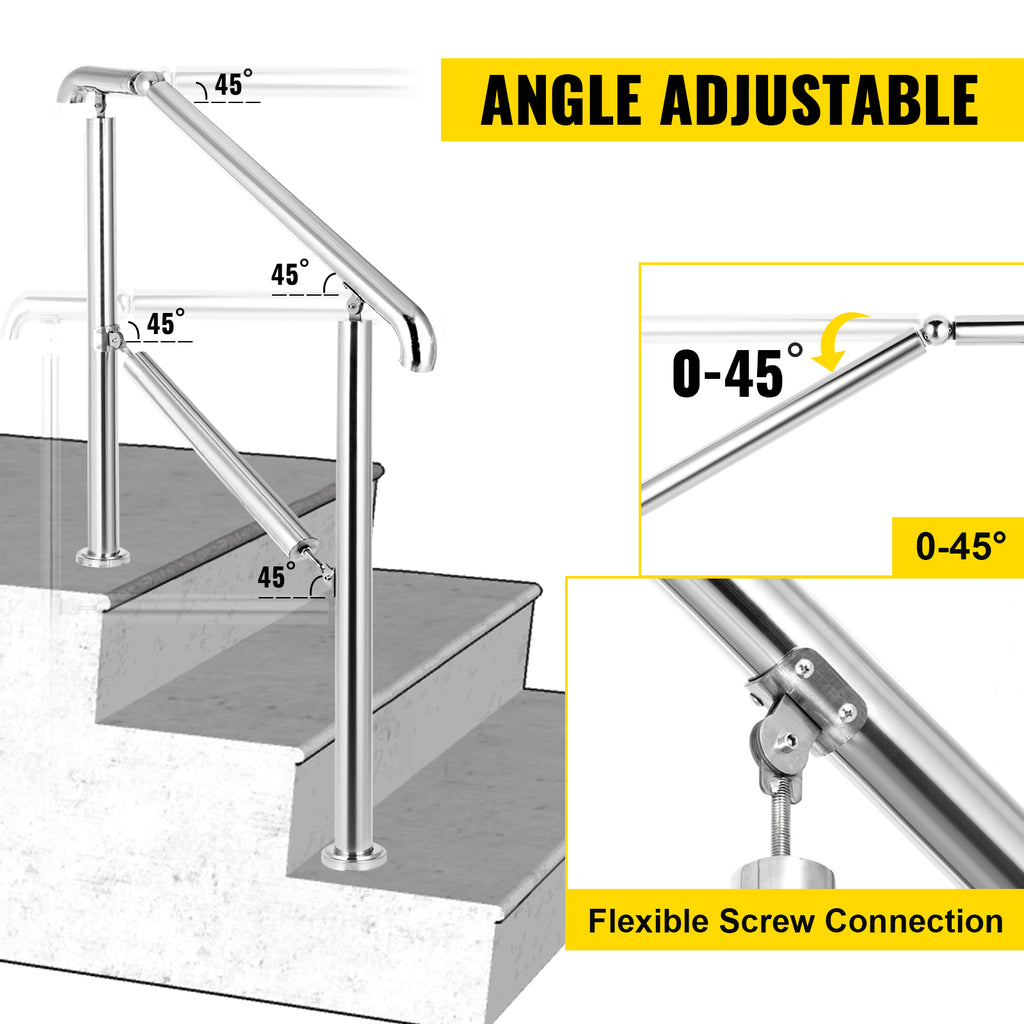 SucceBuy 3-5 Step Railing Stainless Steel Transitional Handrail Fit For Level Surface Adjustable Stair Railing Safely Downstairs