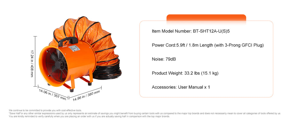 SucceBuy Industrial Exhaust Fan 10/12 inch Ventilation Fan Ventilator with 5M PVC Duct Exhaust Blower for Home Workplace Factory