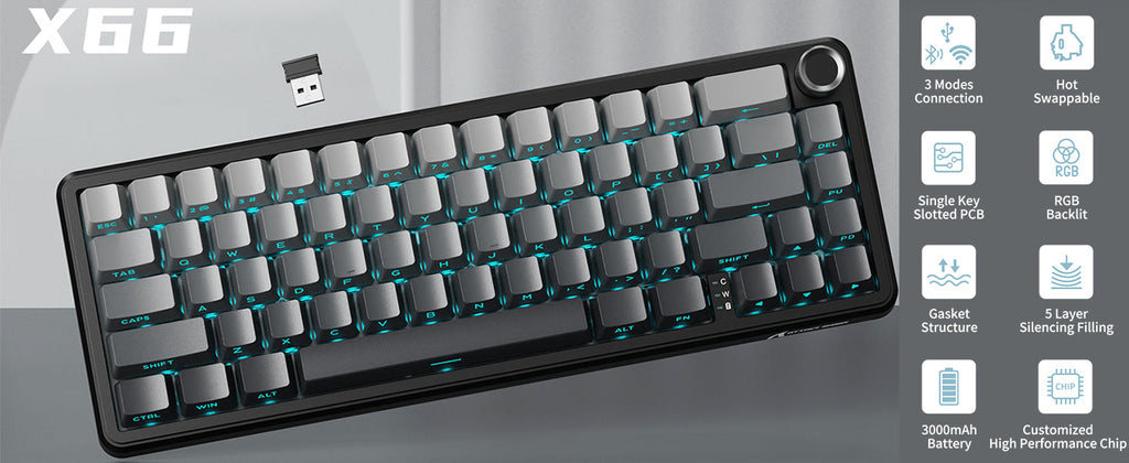 ATTACK SHARK X66 Wireless Mechanical Keyboard with Side Printed PBT Keycaps BT & 2.4G Wireless & Type -C Wired Hot-swap 16 Milli